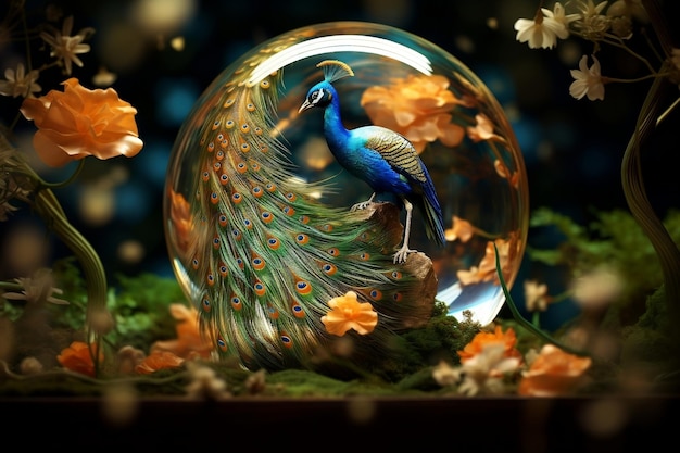 Schöne Lily Peacock in Glass Sphere Generative AI