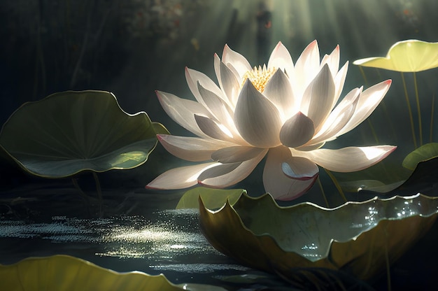 Schöne Lotusblume oder Seerose und Blätter in einem Teich mit Sonnenlicht und Sonnenschein am Morgen generative ai