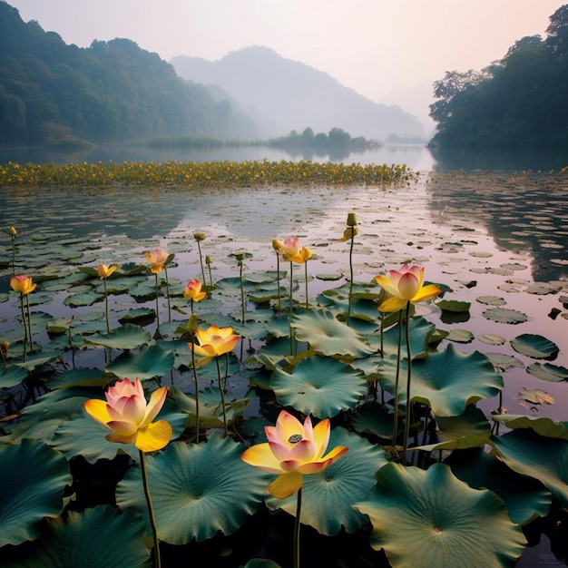 Schöne Lotuspflanze, Blumen, See, blühende Landschaft, Tapete, KI-generierte Kunst