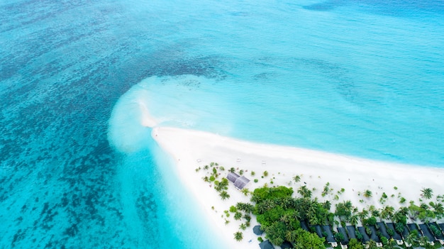 Schöne Luftaufnahme der Malediven und des tropischen Strandes. Reise- und Urlaubskonzept