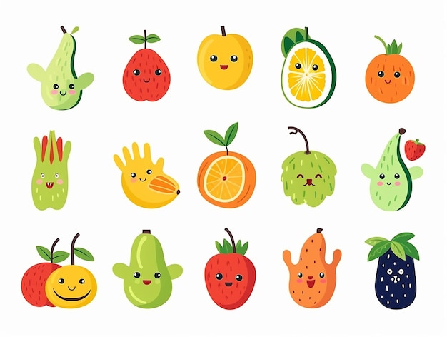 Schöne lustige Cartoon-Früchte Apfel Erdbeere Wassermelone Ananas Pfirsich Orange Birne Kirsche und Zitrone Cartoon-Früchte Charakter-Set Lustige Emoticon im flachen Stil Lebensmittel Emoji Vektor-Illustration