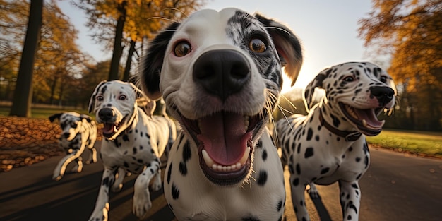 Foto schöne lustige dalmatinische hunde laufen und spielen im herbst im park auf grünem gras