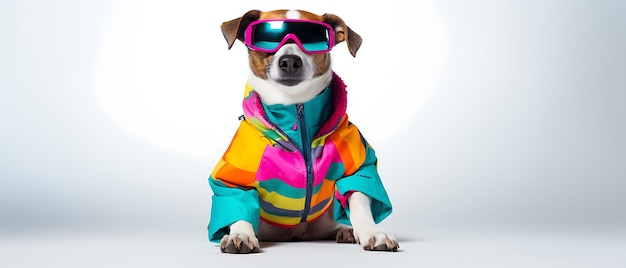 Schöne lustige Hund lächelnd im Winterferien Skifahren Breite Kätzchen-Banner mit Kopierraum-Seite