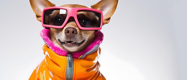 Schöne lustige Hund lächelnd im Winterferien Skifahren Breite Kätzchen-Banner mit Kopierraum-Seite