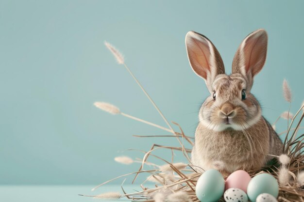 Schöne, lustige Kaninchen mit langen Ohren sitzen mit bunten, hellen Ostereiern auf blauem Hintergrund