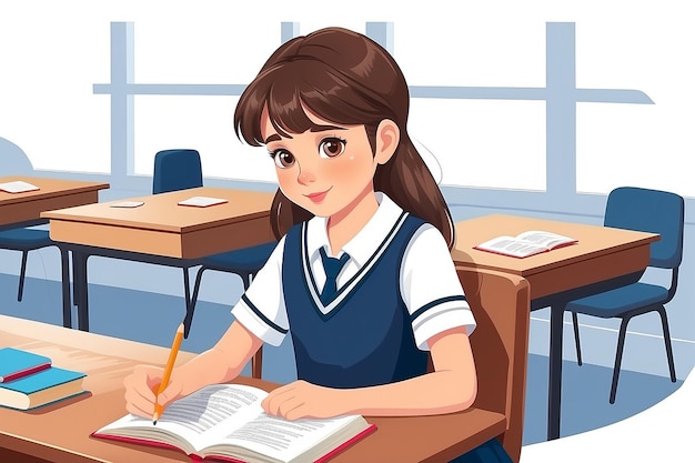 Schöne Mädchen sitzt am Schreibtisch und liest ein Buch Grundschüler in Vektoruniform Illustration isoliert auf weißem Hintergrund