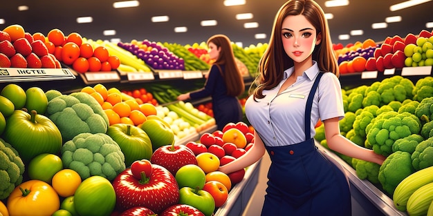 Schöne Mädchen-Supermarktarbeiterin auf dem Hintergrund von Gemüse und Früchten Generative KI