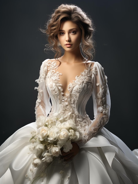 Schöne Mädchenbraut in einem weißen Hochzeitskleid im Stil des Minimalismus