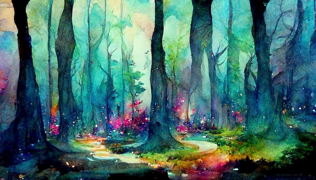 Schöne magisch gefärbte, verschwommene, neblige Waldbäume mit illustriertem abstraktem Bokeh-Licht