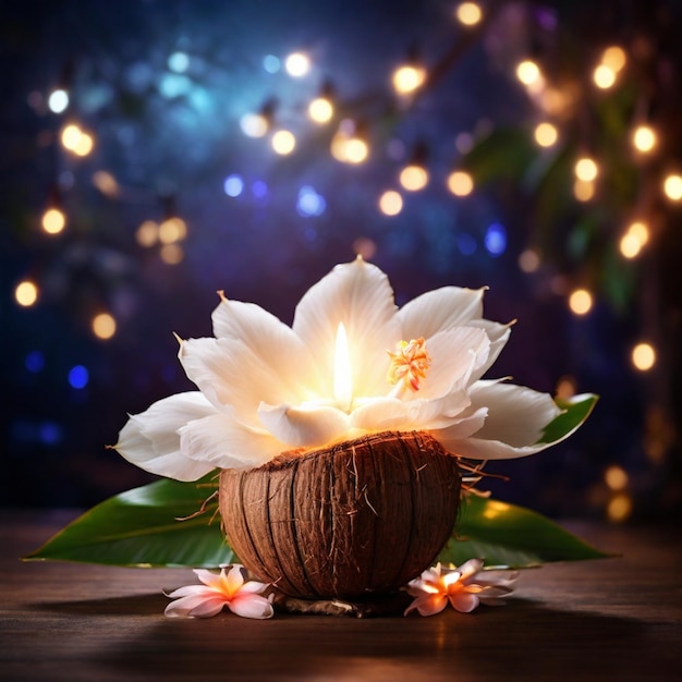 Schöne magische Kokosnussblume mit magischen Lichtern im Hintergrund