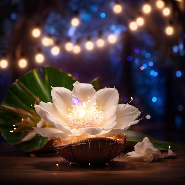 Schöne magische Kokosnussblume mit magischen Lichtern im Hintergrund