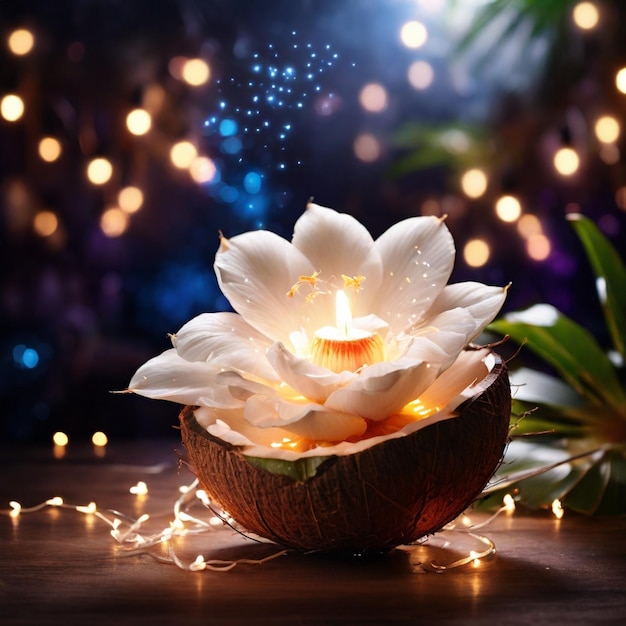 Schöne magische Kokosnussblume mit magischen Lichtern im Hintergrund
