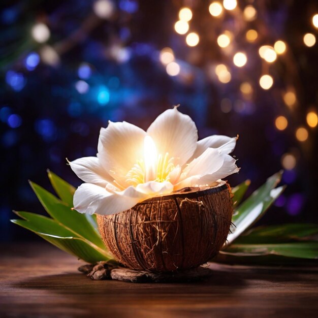 Schöne magische Kokosnussblume mit magischen Lichtern im Hintergrund