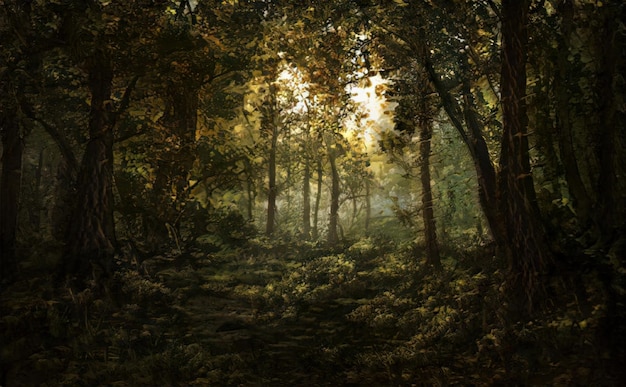 Schöne magische Wald fabelhafte Bäume Waldlandschaft Sonnenstrahlen beleuchten die Blätter und Äste der Bäume Magische Sommerwald Illustration