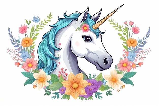 Schöne magische Zeichentrickfilme mit Einhornkopf mit Blumenrahmen Illustration für Kinder auf weißem Hintergrund für den Druck auf