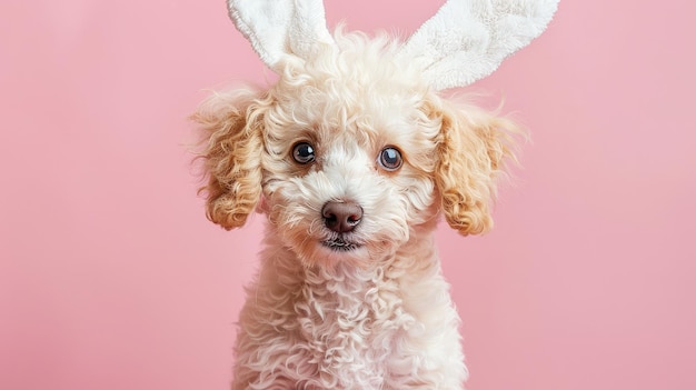 Schöne Maltipoo trägt ein Osterhase-Ohr auf einem rosa Hintergrund
