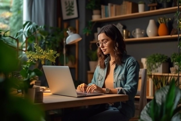 Schöne Managerin aus dem Nahen Osten, die an einem Schreibtisch im Kreativbüro sitzt. Junge, stilvolle Frau mit lockigem Haar, die einen Laptop in den Kollegen einer Marketingagentur nutzt. Generative KI