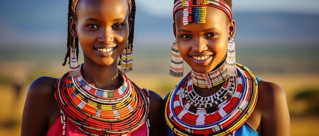 schöne Massai-Stammesfrauen mit traditionellen bunten Ornamenten Halskette Ohrringe lächelnd und