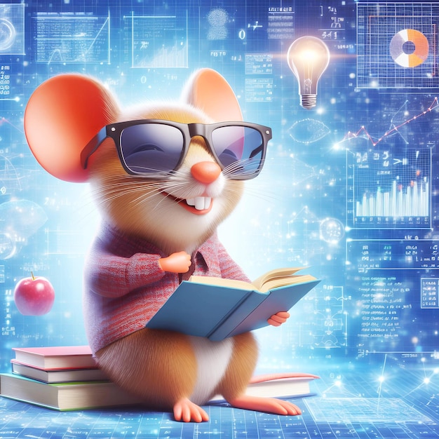 Schöne Maus lächeln mit Sonnenbrille lesen Buch und lösen Mathematik Datenanalyse im Konzept der Zukunft