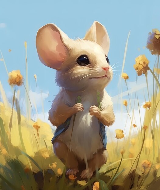 Schöne Maus läuft durch ein Feld voller wilder Blumen