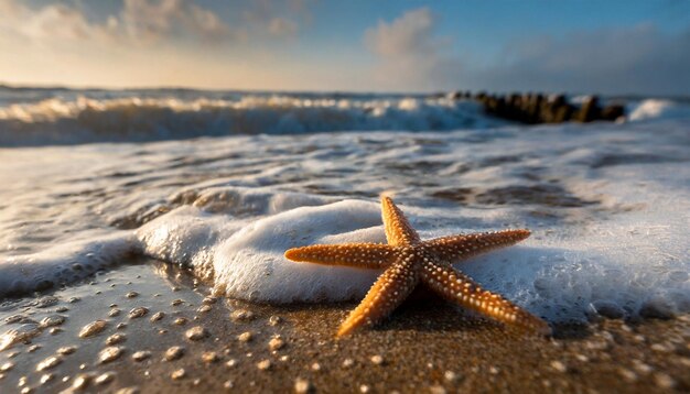 Schöne Meeressterne auf dem Sand am Strand Schaumiges Meerwasser