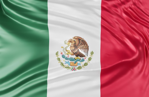 Schöne Mexiko-Flaggenwelle hautnah auf Bannerhintergrund mit Kopienraum., 3D-Modell und Illustration.
