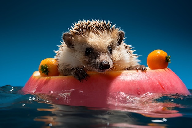 Foto schöne mini-igel schwimmen in süßwasser mit apfelfrucht als schwimmer