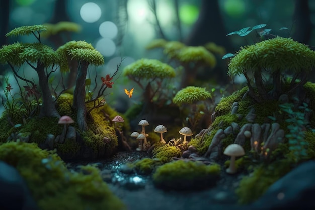Schöne Miniatur-Märchen verzauberter Wald Bäume Pilze Elfen Flüsse Pflanzen Glühwürmchen Digitale Malerei