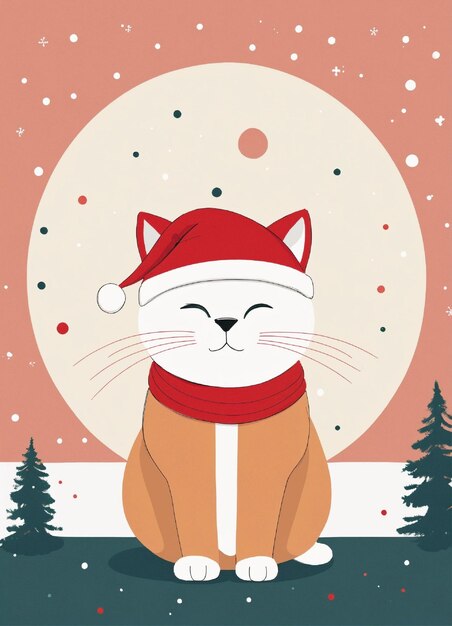 schöne minimale Illustration einer Katze, die eine Weihnachtsmütze auf weißem Hintergrund trägt