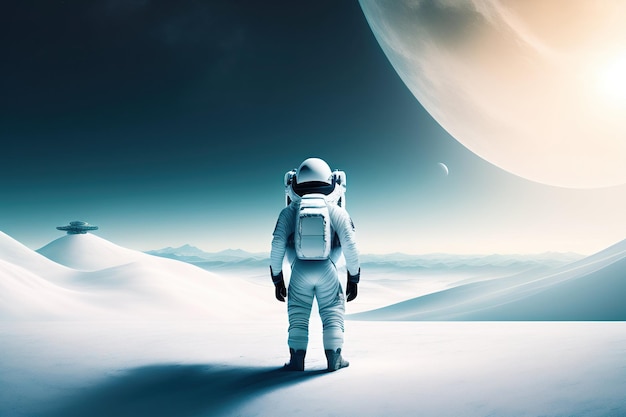 Schöne minimalistische Landschaft mit einem einsamen Astronauten in einem weißen Raumanzug