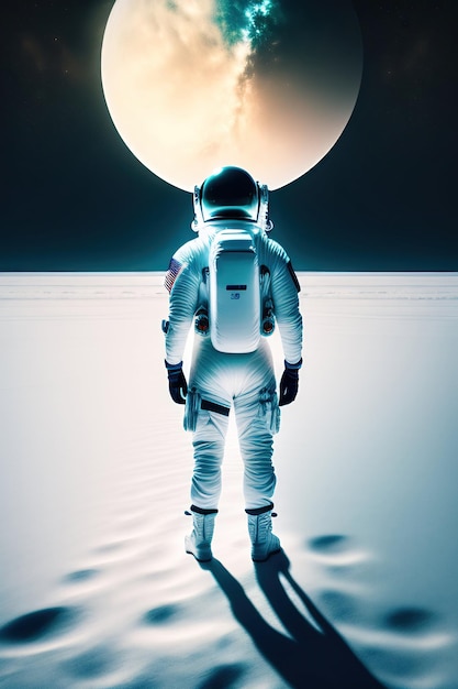 Schöne minimalistische Landschaft mit einem einsamen Astronauten in einem weißen Raumanzug