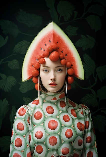 Schöne Model mit einem von Wassermelonen inspirierten Hut mit rotem und grünem Hintergrund Sommerfrische