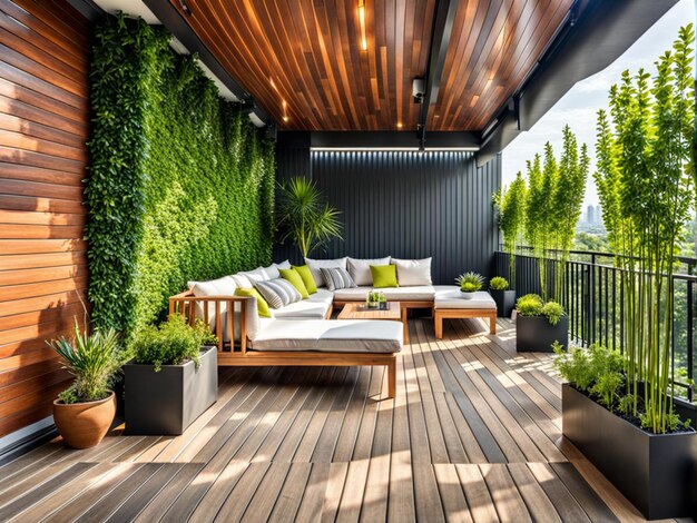 Schöne moderne Terrasse mit Holzdeckboden, grünen Topfblumen, Pflanzen und Außengebäuden