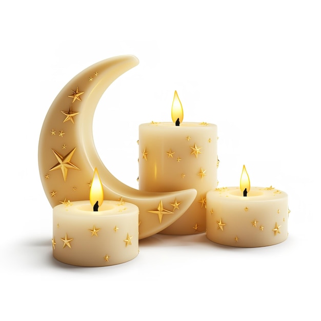 schöne mond- und sternförmige Kerzen, die auf weißem Hintergrund isoliert sind