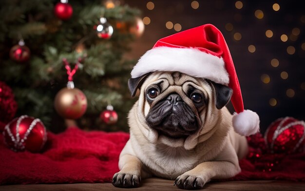 Foto schöne mops im weihnachtsmannshut