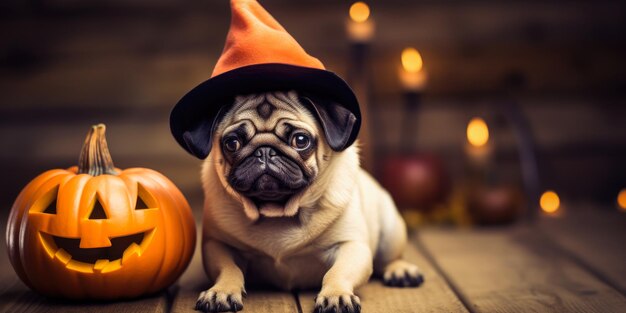 Foto schöne mops in halloween-hut auf dunklem hintergrund generative ki