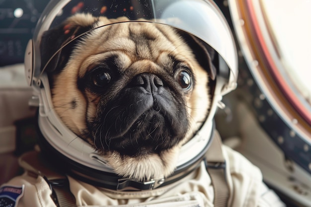 Schöne Mops in Weltraumanzug Erste Reise ins Weltraum Hund Astronaut in Raumanzug Porträt eines Hundes