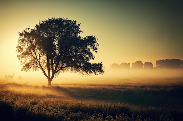 Schöne Morgendämmerung mit einem Baum auf einer Wiese und Nebel