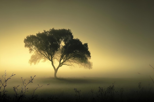 Schöne Morgendämmerung mit einem Baum auf einer Wiese und Nebel