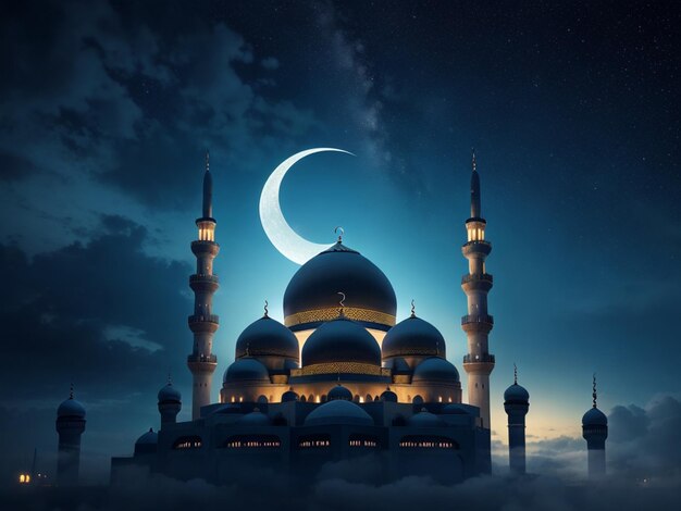 Foto schöne moschee in der nacht für die dekoration des ramadan eid al fitr eid al adha muharram