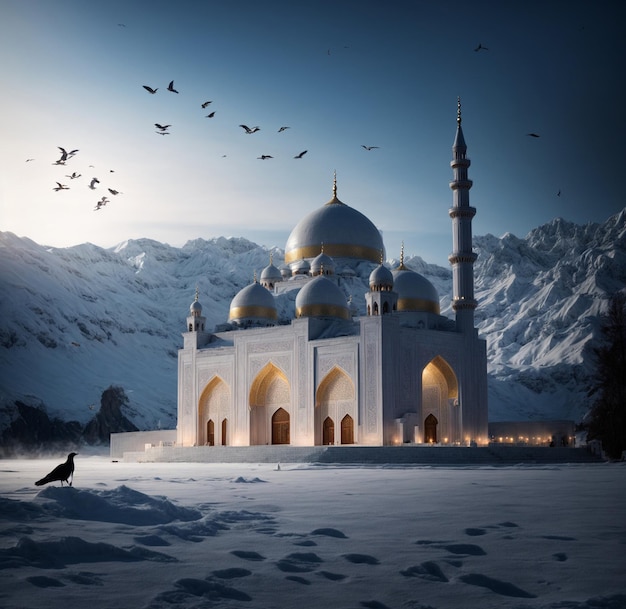 Foto schöne moschee mit goldenem licht mit bergdunkelheit