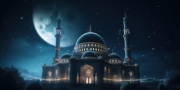 schöne moschee mit leuchtenden lichtern in der nacht hinter sternenhimmel ramadan kareem hintergrund