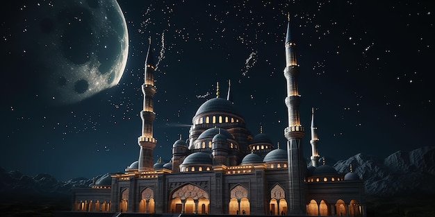 schöne moschee mit leuchtenden lichtern in der nacht hinter sternenhimmel ramadan kareem hintergrund