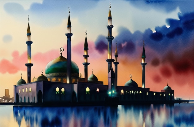 Schöne Moschee Nacht Hintergrund für Ramadan Kareem Eid Mubarak Muslim Festival von Ramzan Aquarell Islamisches Konzept Banner der Masjid Islamische Architektur Generative AI