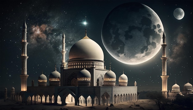 Schöne Moschee Vollansicht mit Sternen- und Halbmond Mondnacht Generative KI