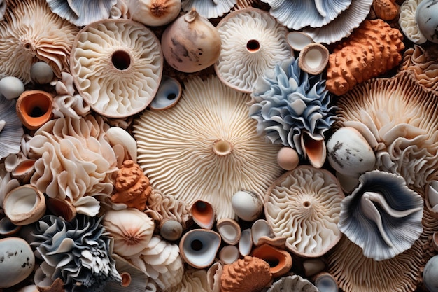 Schöne Muscheln als Hintergrund-Close-up-Ansicht Erleben Sie reiche Texturen mit Makrofotografie, die komplizierte Muster von Rindengewebe und Muscheln zeigt