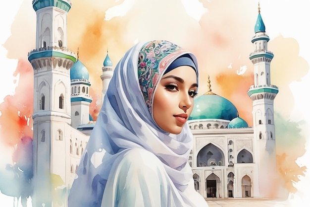 Foto schöne muslimische frau in wasserfarbe