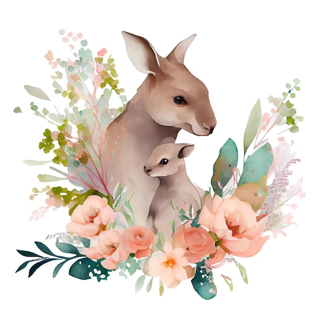 Schöne Mutter Känguru und Baby mit Blumen Aquarell Illustration isoliert auf weiß Generative KI