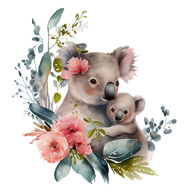 Schöne Mutter Koala und Baby mit rosa Blumen Aquarell Illustration isoliert auf weiß Generative KI