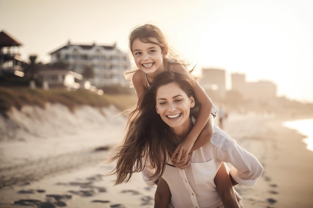 Schöne Mutter und Tochter, die sich bei Sonnenuntergang am Strand amüsieren Generative KI